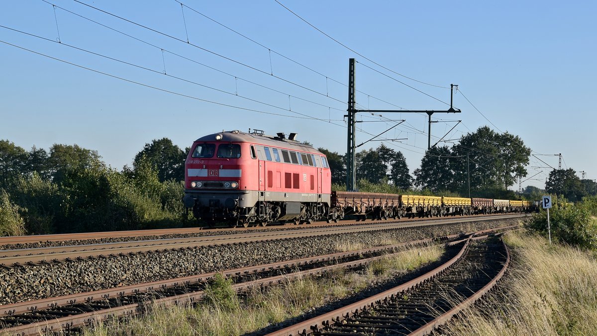 DB Fahrwegdienste 218 272 mit Niederbordwagen in Richtung Bremen (Diepholz, 27.09.18).