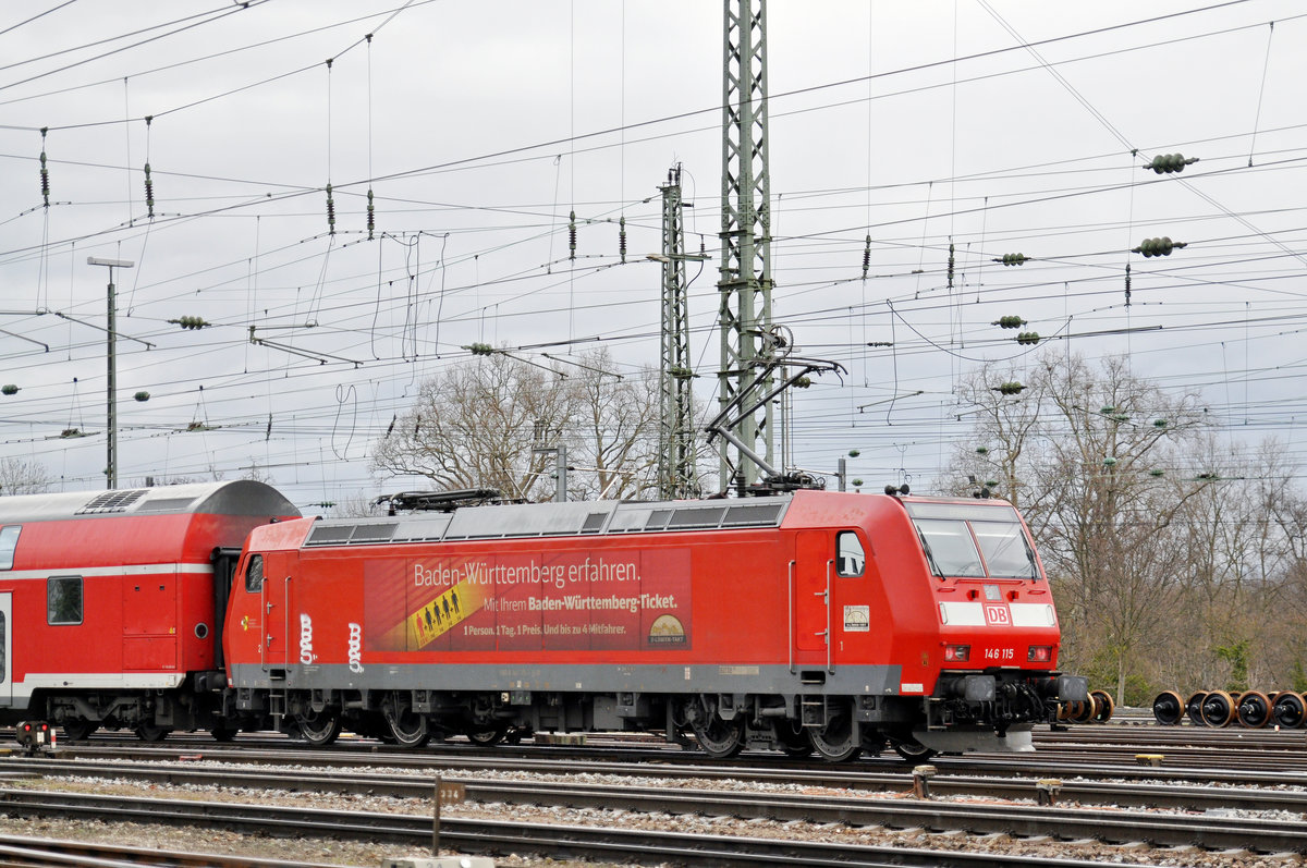 DB Lok 146 115-1 durchfährt den Badischen Bahnhof. Die Aufnahme stammt vom 28.02.2017.