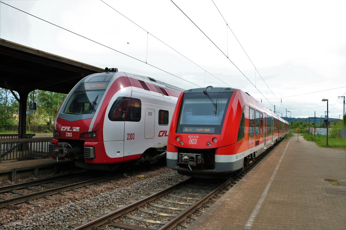 DB Regio Alstom Lint81 620 029 und CFL Stadler Kiss 2303 am 28.04.18 in Ehrang
