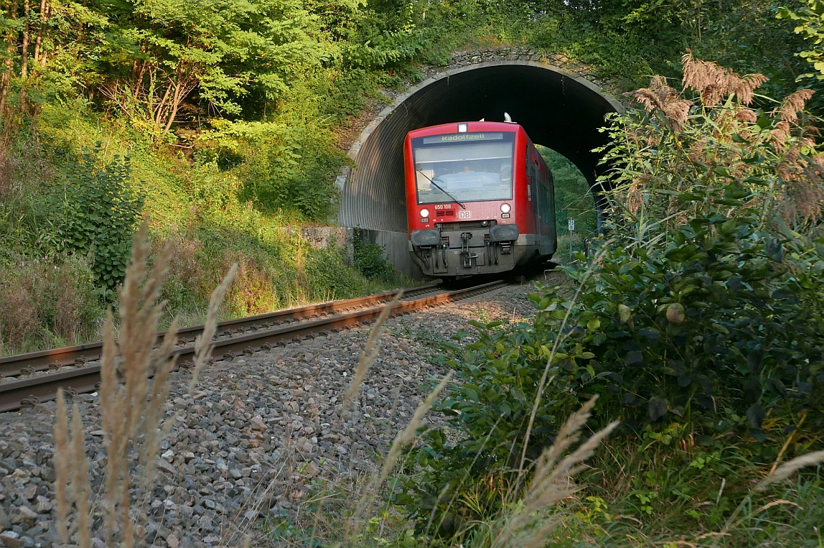 Den Tunnel unter der B 31 fast durchquert hat Triebwagen 650 108, der sich am 27.09.2016 bei Uhldingen-Mühlhofen als RB 22772 auf der Fahrt von Friedrichshafen nach Radolfzell befindet.