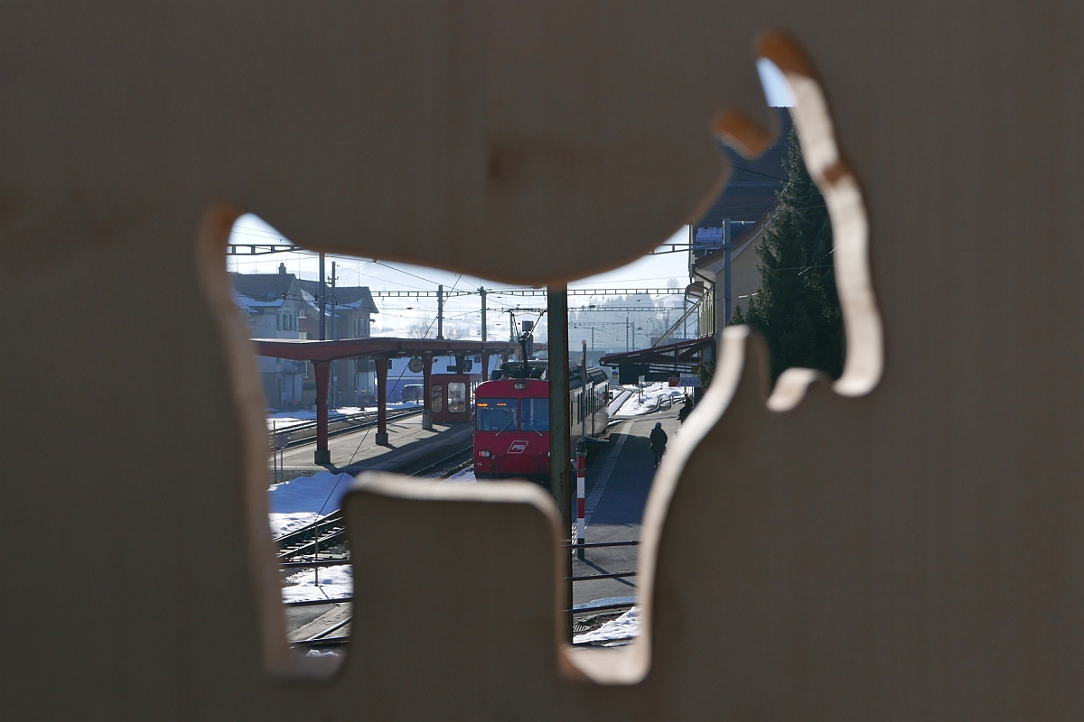 Der ‘etwas andere‘ Blick auf den Bahnhof von Gais - Durch eine kleine Aussparung in der Tür der Hütte von “Geiss Laura“ wurde am 11.02.2017 die von Altstätten Stadt kommende und in Gais endende S24 fotografiert. Diese öffentlich zugängliche Hütte ist eine von insgesamt sechs Hütten auf dem Themenweg «Lauras Lieblingsplätze entdecken» rund um Gais. Näheres unter www.gais-tourismus.ch