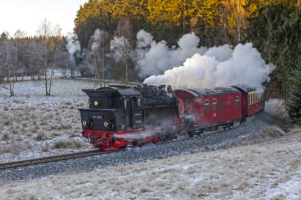 Der 99 6001 mit dem Planzug zwischen Bahnhöfe Sternhaus Ramberg und Gernrode am 6. Januar 2017.