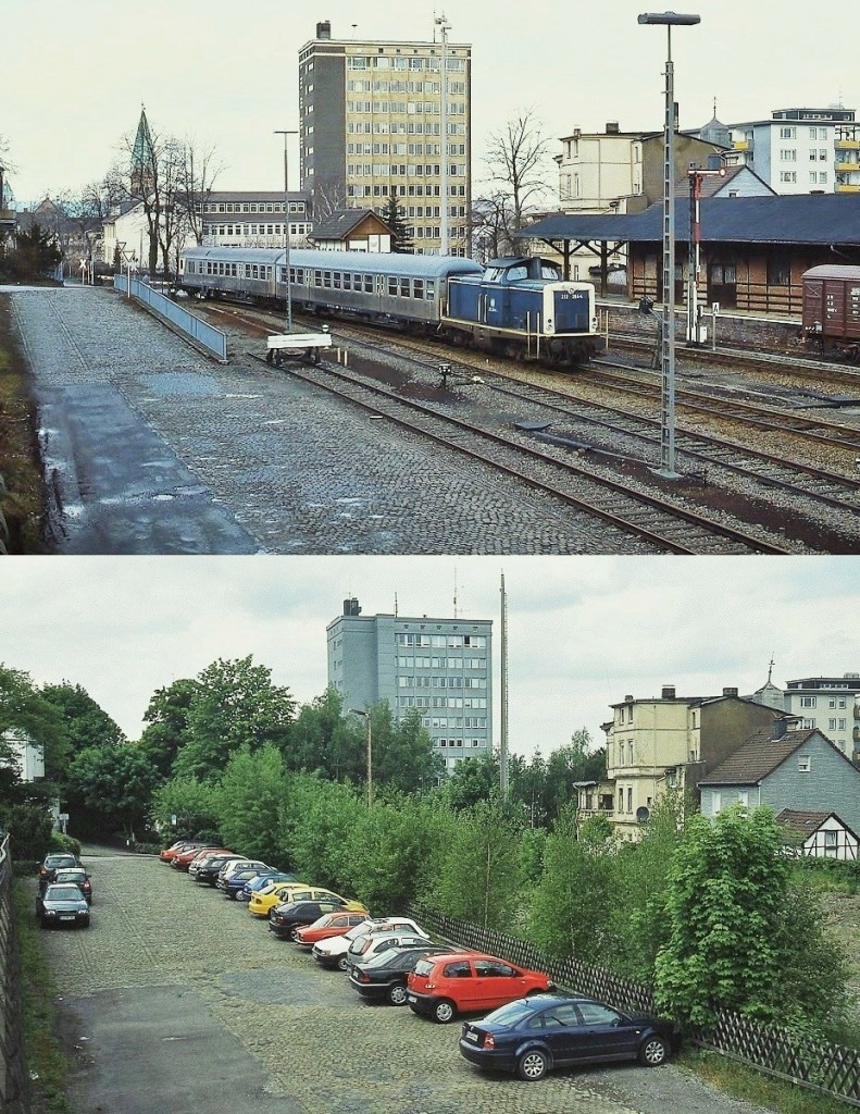 Der Bahnhof Iserlohn Ost im Herbst 1987 und im Jahr 2009. Während oben 212 284-4 mit einem Nahverkehrszug nach Menden einfährt, kündet 2009 nur noch eine Schotterfläche davon, dass hier einmal reger Zugverkehr herrschte.