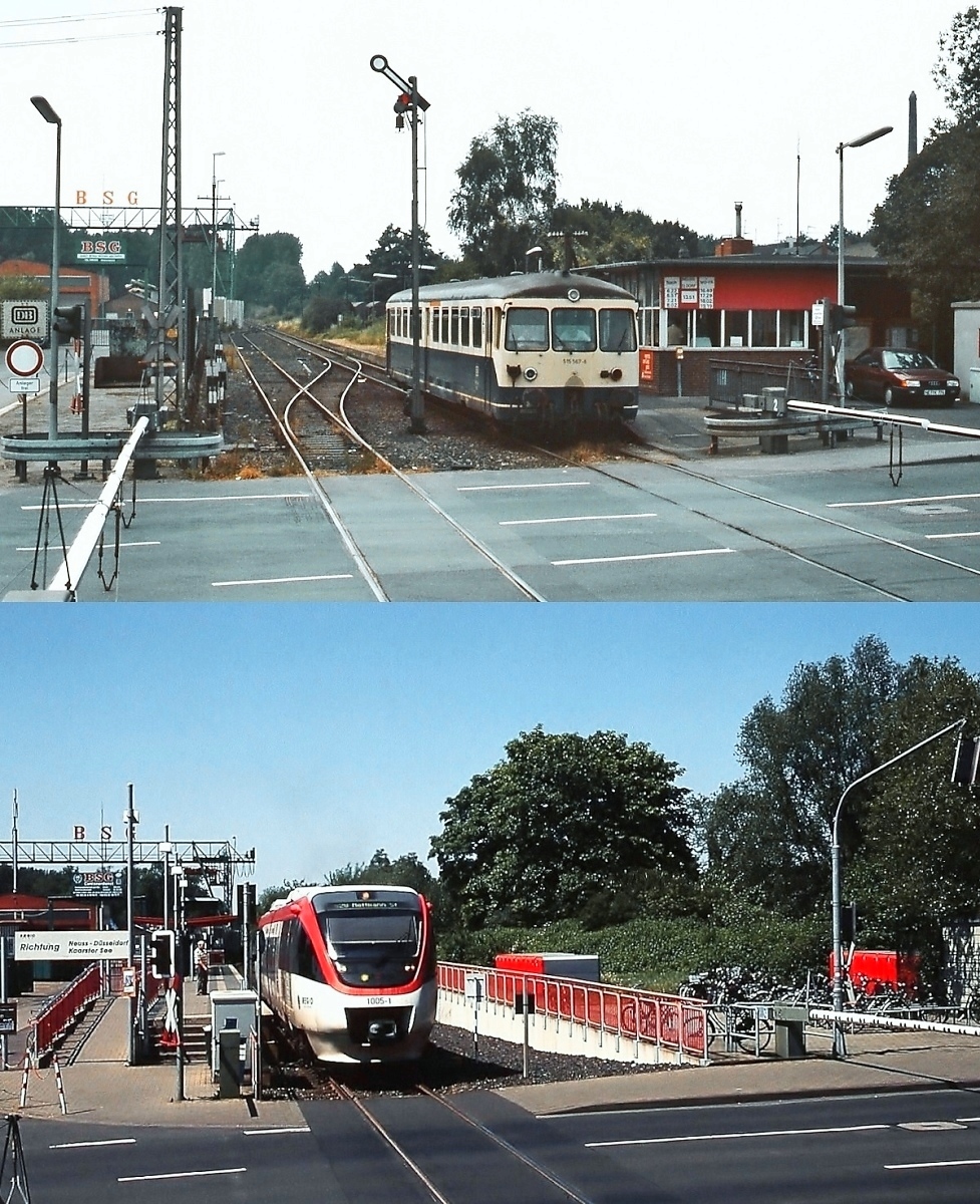Der Bahnhof Kaarst bei Düsseldorf einst & jetzt: Als Ende der 1970er Jahre die obere Aufnahme bei der Ausfahrt von 515 567-6 nach Neuss entstand, war die Strecke einstellungsgefährdet, heute verkehren hier die Talent der Regiobahn als S 28 im dichten Takt, wie auf dem unteren Bild mit VT 1005-1 im Sommer 2008 zu sehen ist. Der Haltepunkt präsentiert sich modernisiert, Bahnhofsgebäude und Signal sind allerdings verschwunden. 