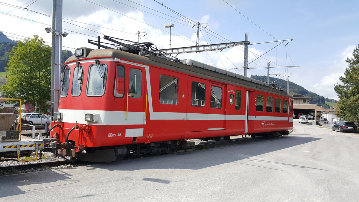 Der BDe 4/4 46  Waldstatt  wartet am 18. August 2018 im Bahnhof Appenzell auf die Bauarbeiten unter der Woche. Diese schönen Triebwagen sind seit 2015 nicht mehr im Personenverkehr im Einsatz. 