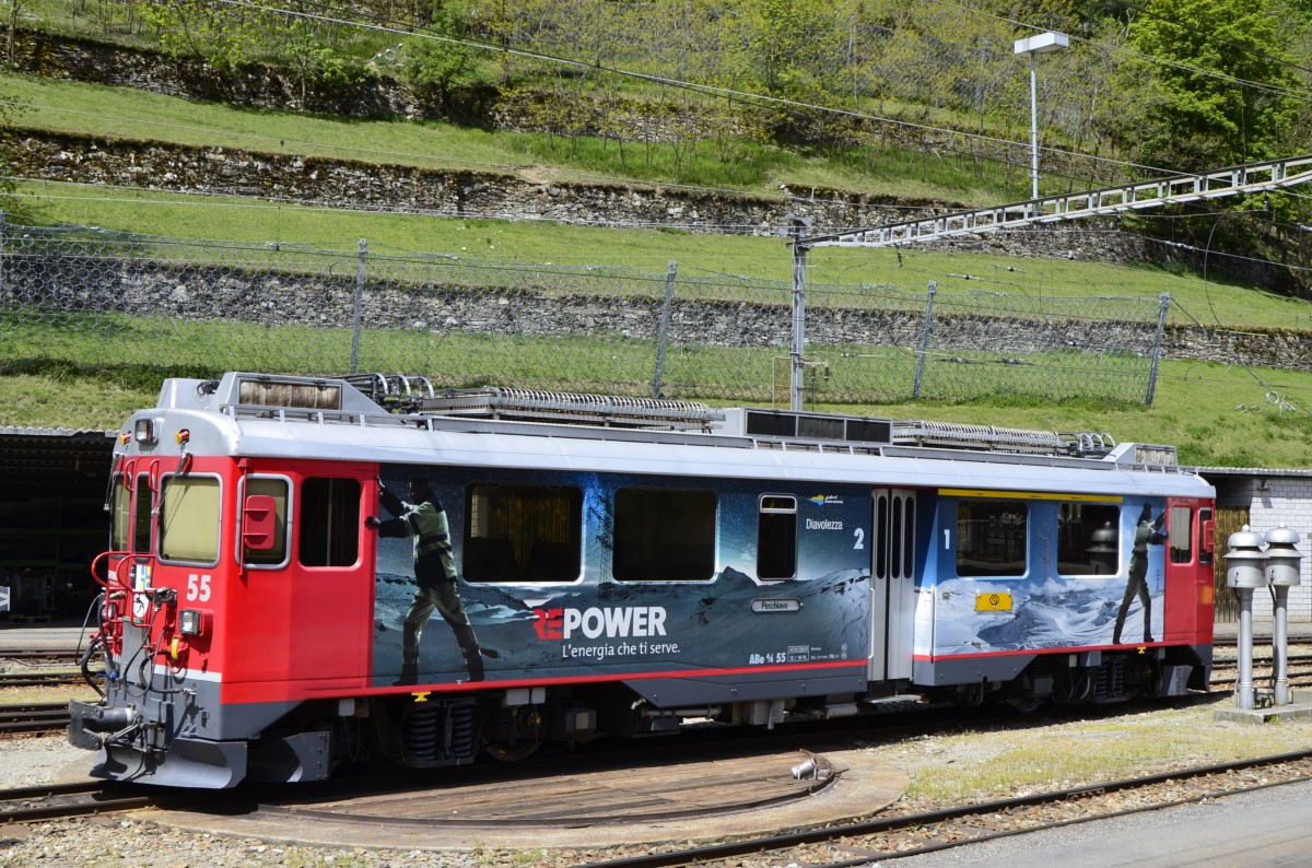 Der Bernina-Triebwagen ABe 4/4 Nr. 55 wartet in Poschiavo am 16.05.2014 auf seinen nächsten Einsatz.