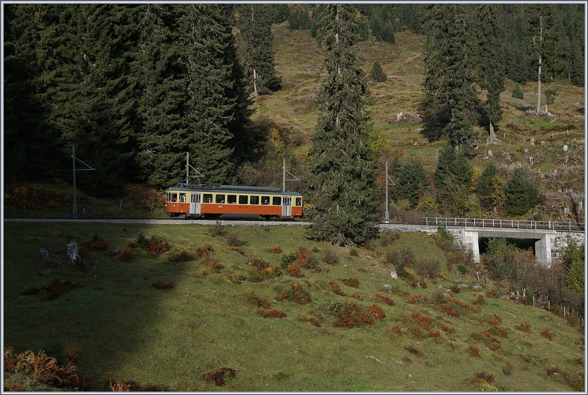 Der BLM Be 4/4 31  Lisi  hat auf seiner Fahrt nach Mürren gerade die Staubbachbrücke überquert. Weshalb der Bach Staubbach heisst, erschliesst sich jeden, wenn er das talwärts fliessende Wasser kurz darauf in freiem Fall 297 Meter nach Lauterbrunnen hinabstürzen sieht, wobei die Thermik es dann  stäuben  lässt.
16. Oktober 2018