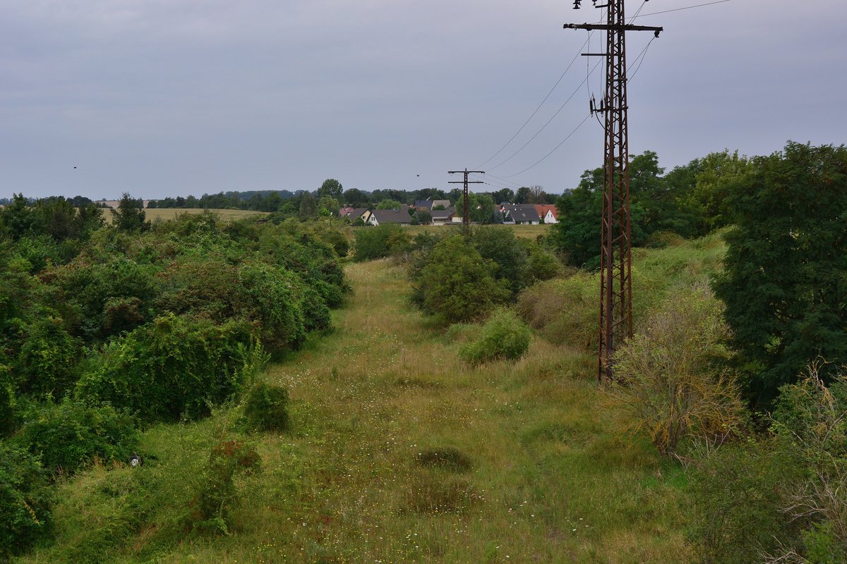 Der letzte Zug ist hier schon lange her. Seit 1999 ist der Abschnitt Egeln - Blumeberg stillgelegt. Die Gleise sind vom Gras überwachsen. Einzig eine Weichenlaterne links ist noch zu sehen. Hier war einst das Ausziehgleis.

Westeregeln 05.08.2017