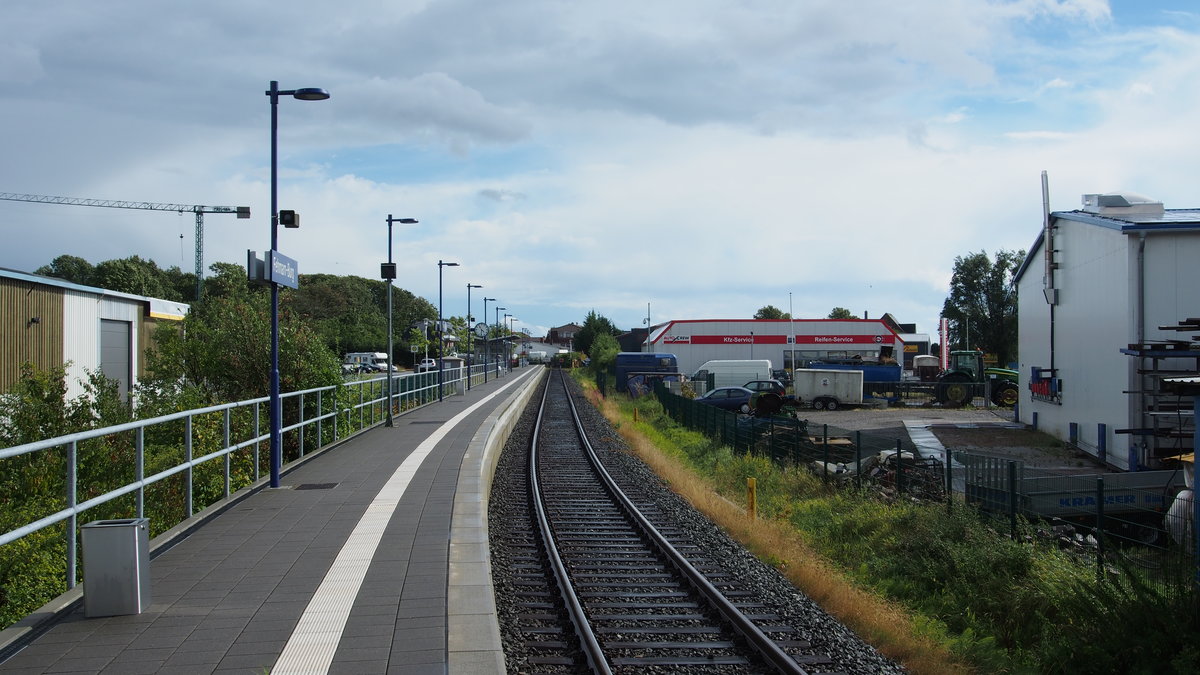 Der offiziel als  Fehmarn-Burg  bezeichnete Bahnhof auf der Insel Fehmarn in seiner Form im Jahr 2018. Im RIS steht er als  Burg(Fehmarn) .
Bald soll hier im Rahmen der FBQ ein zweites Gleis entstehen - oder aber der ganze Bahnhof an das Hauptgleis nach Puttgarden verlegt werden.
Burg (Fehmarn), der 11.8.2018