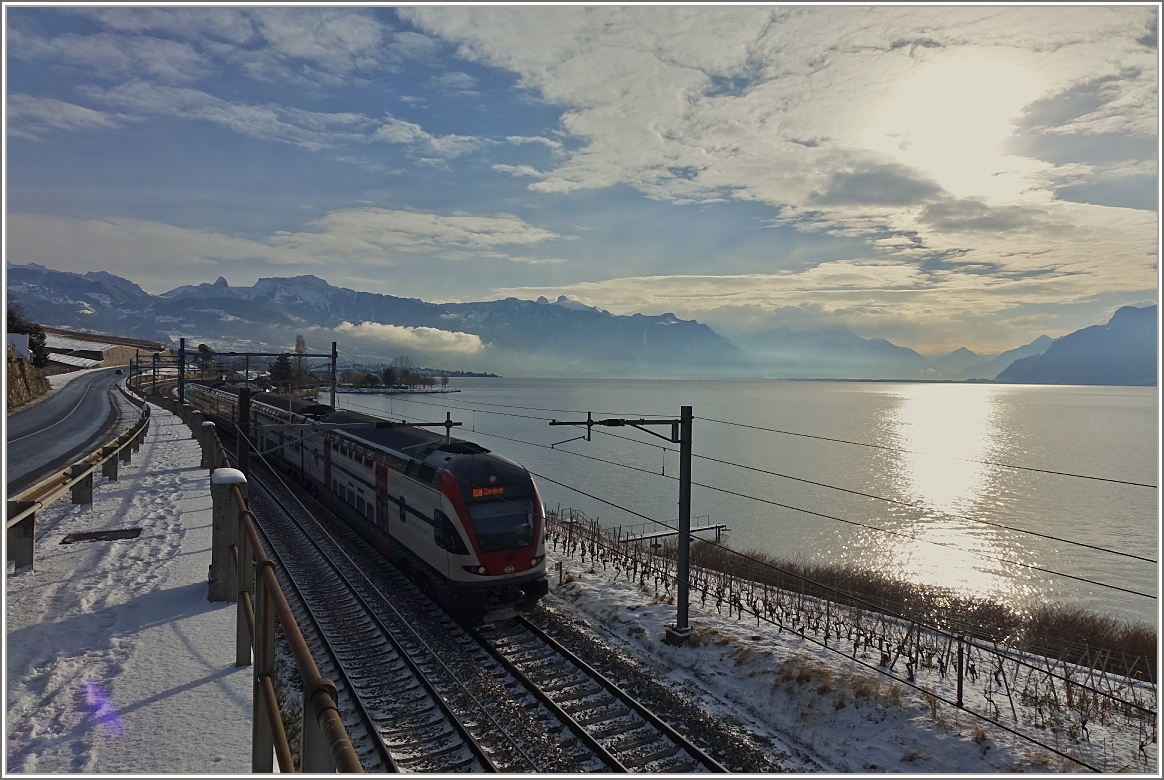 Der RABe 511 115 unterwegs als RE 3218 von Vevey nach Genf kurz vor der Durchfahrt in St-Saphorin.
(30.12.2014)