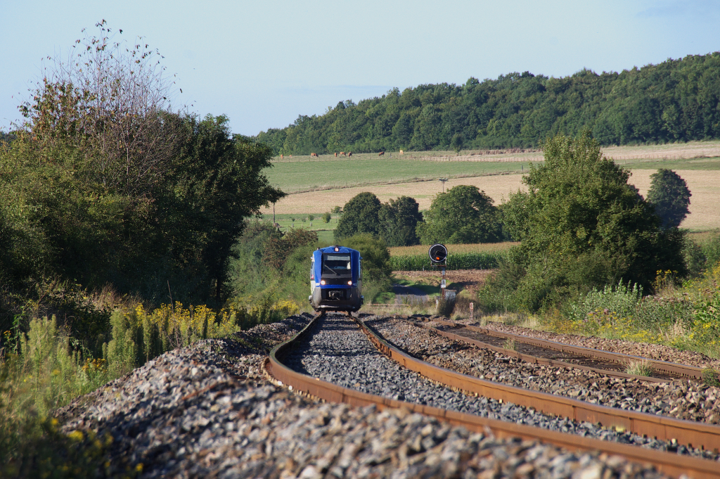 Der Regionalexpress aus Sarreguemines erreicht gleich das  Krumme Elsa !

Fr die Zge am Abend reichen aus Richtung Saargemnd die Triebwagen der Baureihe X 73900 (Baleine bleu) aus. Die Version ist Deutschland tauglich und wird auch ber die Grenzen eingesetzt. So sieht man sie auch in Baden und im Saarland, sowie in Rheinland-Pfalz.

Vor dem Ort Oermingen erfogt der Wechsel vom Dpartement Moselle ins Dpartement Bas-Rhin.

02.09.2013 - Ligne 161000 Mommenheim - Obermodern - Kalhausen - Sarreguemines.