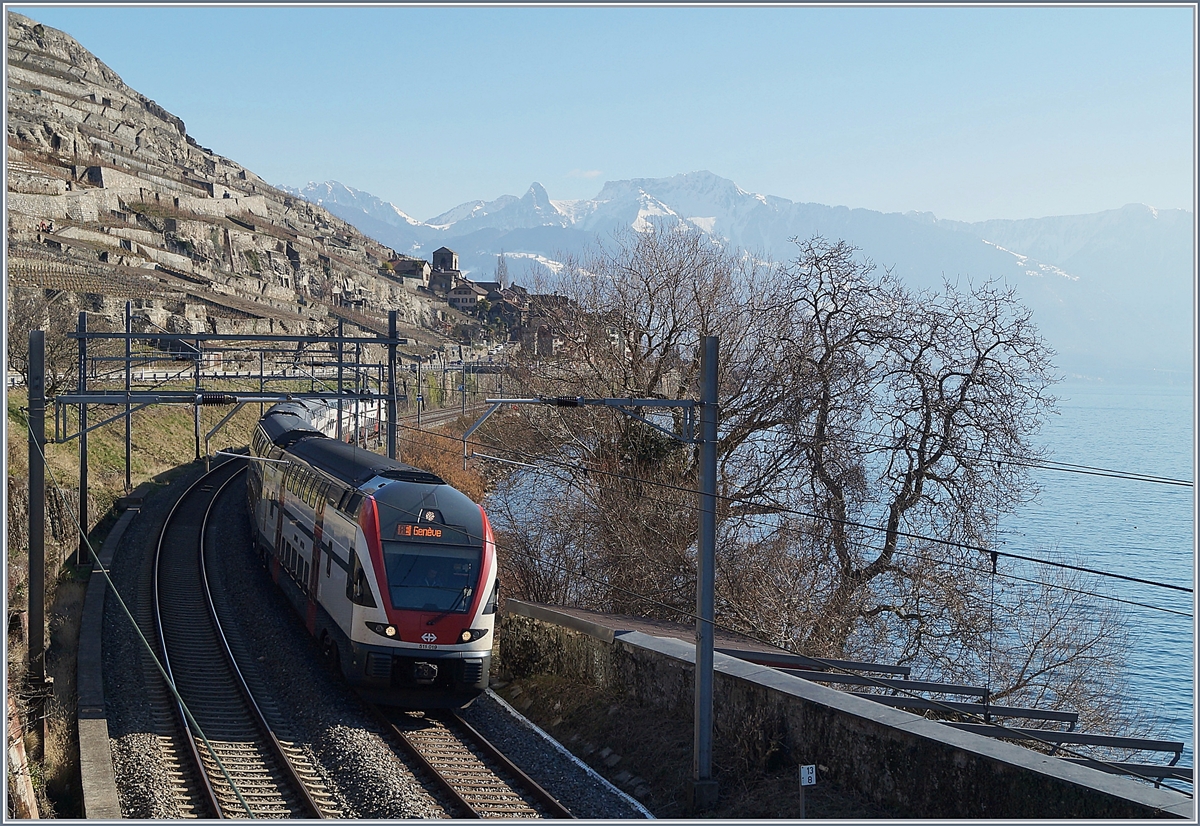Der SBB RABe 511 019 ist als RE von Vevey nach Genève bei Rivaz unterwegs.
14. Feb. 2018