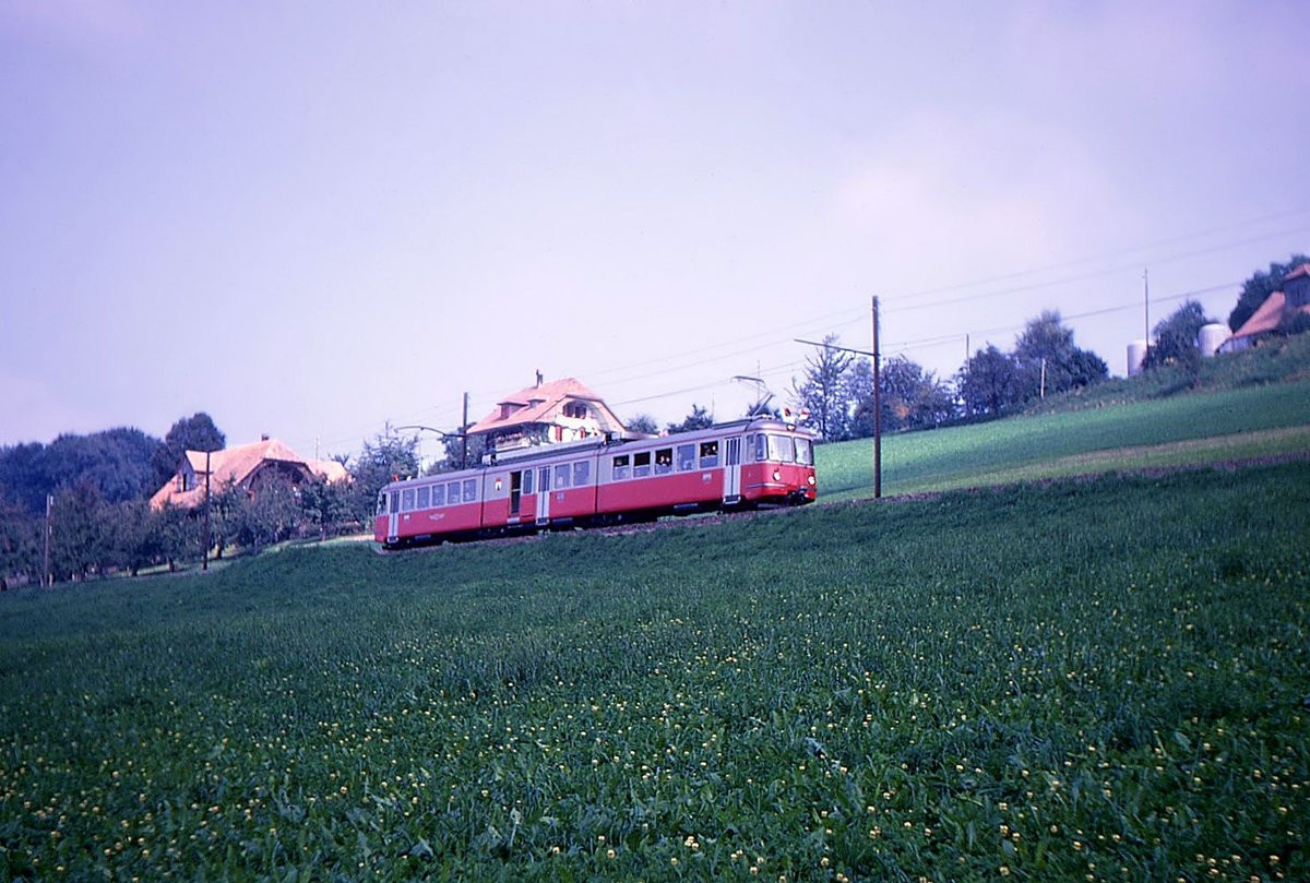 Der Triebwagen BDe8/8 3  Wohlen  der Bremgarten-Dietikon Bahn im Abstieg zwischen Vechigen und Worb. 24.September 1969 