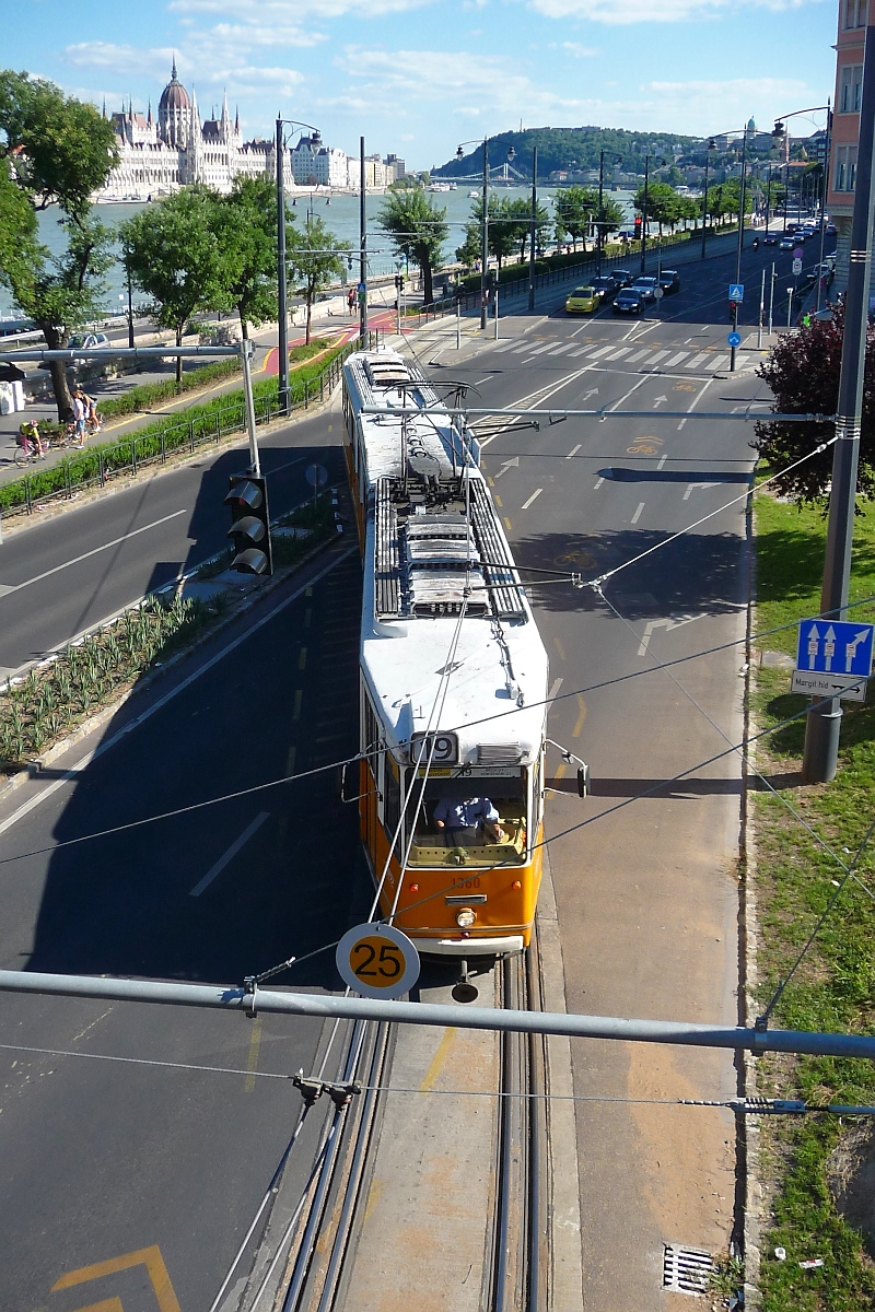 Der Zebrastreifen für Straßenbahn von der Margit-Brücke aus gesehen. Die Gleise beider Fahrtrichtungen liegen ineinander.
Budapest, 7.8.16