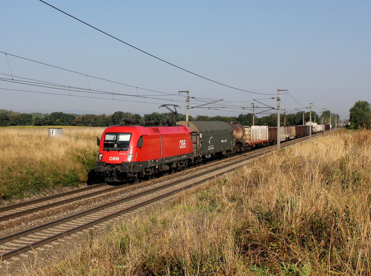 Die 1116 119 mit einem Güterzug am 01.09.2015 unterwegs bei Gramatneusiedl.