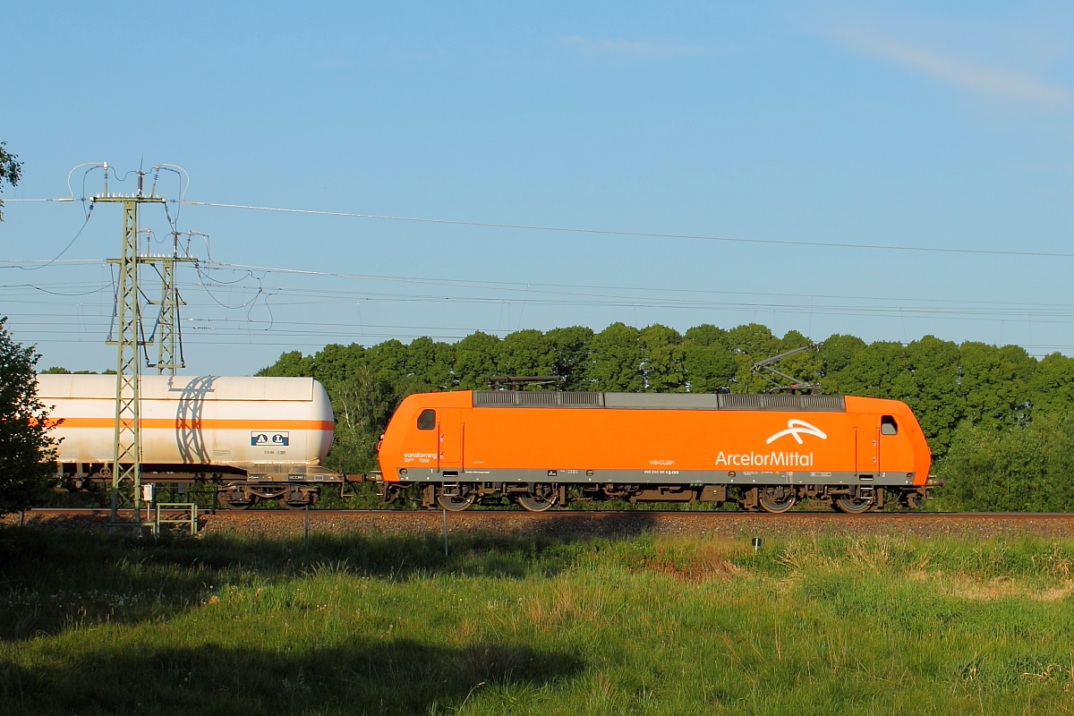 Die 145-CL 001 der ArcelorMittal Eisenhüttenstadt GmbH (91 80 6145 081-6 D-EKO) am 19.05.2018 in Nassenheide.