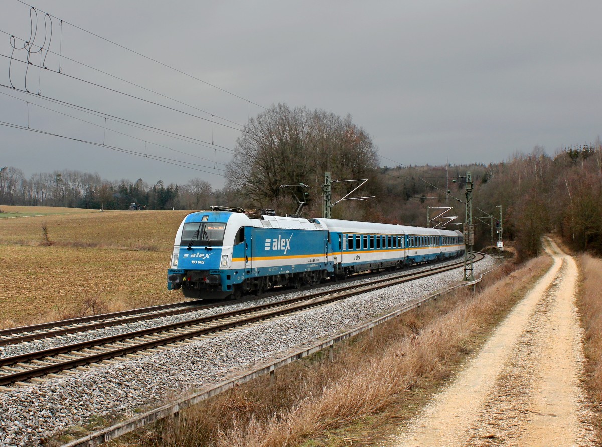 Die 183 002 mit einem ALEX nach München am 05.03.2016 unterwegs bei Ascholtshausen.