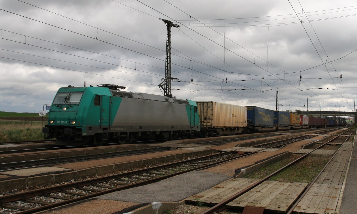 Die 185 609-5 von LTE ist am 19.11.2014 mit einem KLV durch Kirchstetten Richtung Passau unterwegs.