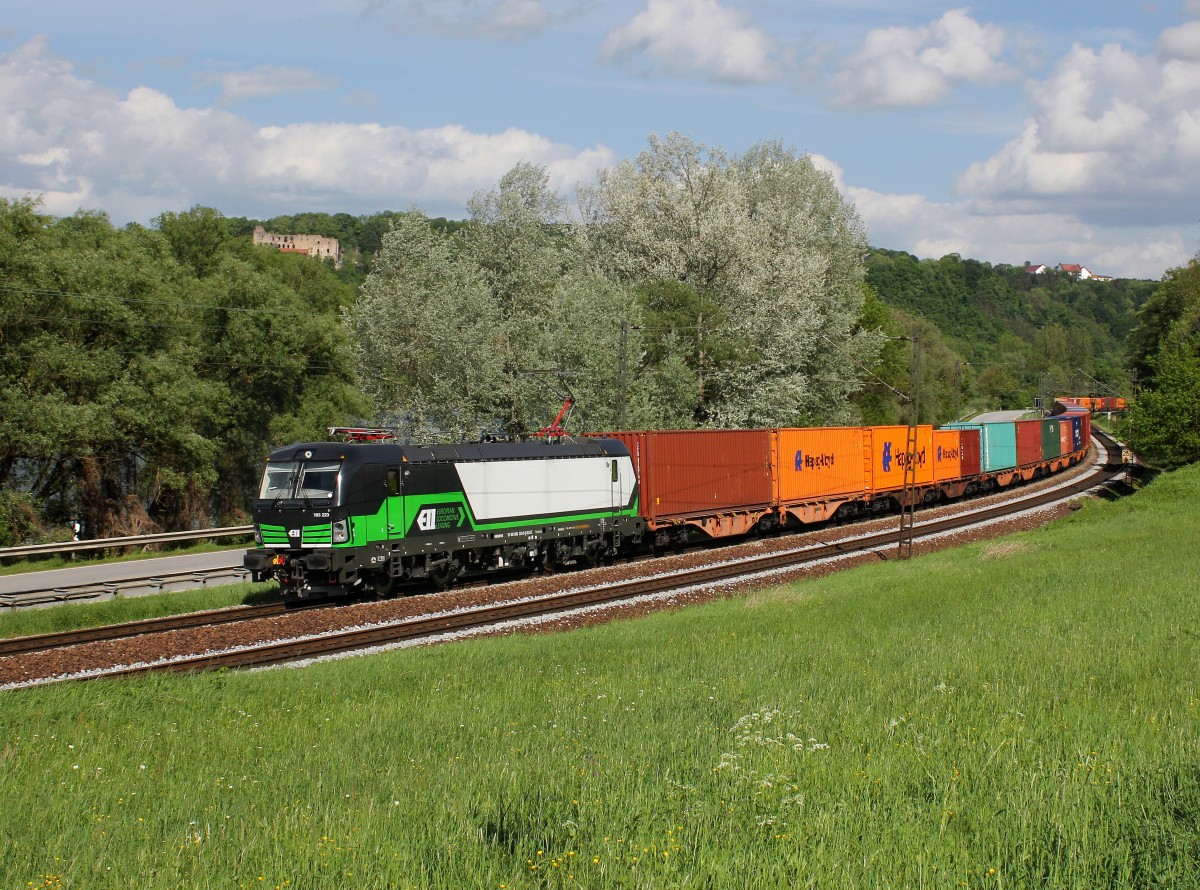 Die 193 223 mit einem Containerzug am 10.05.2015 unterwegs bei Pleinting.