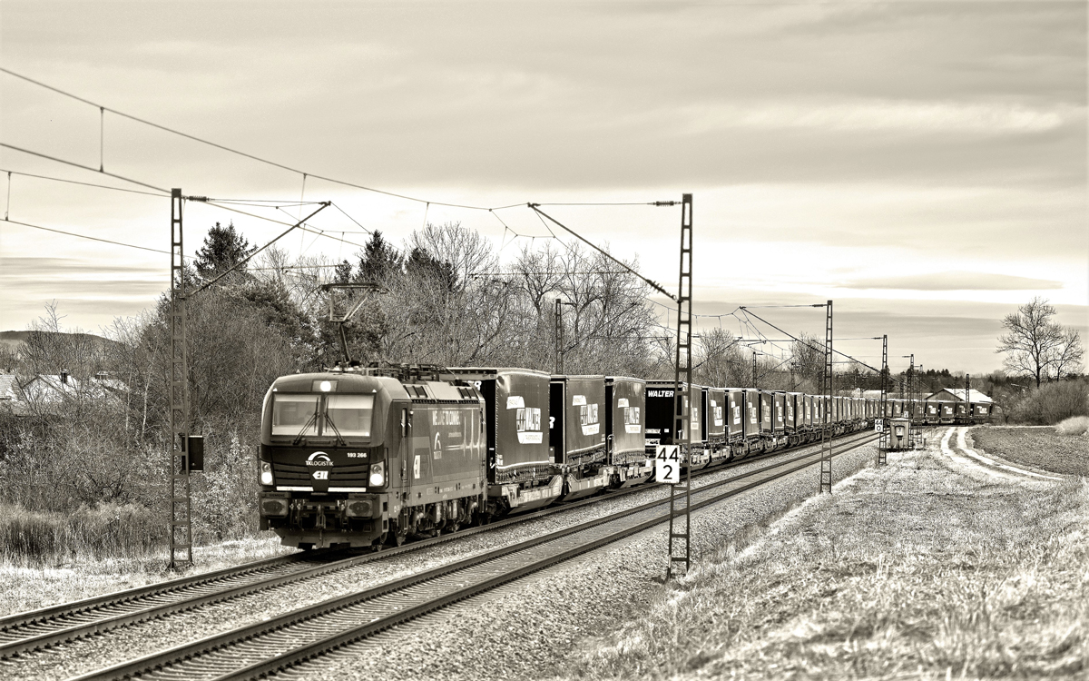 Die 193 266 TX Logistik fährt in Langenisarhofen mit einem LKW Walter Sattelaufliegerzug nach Nord vorüber.Bild 5.1.2017