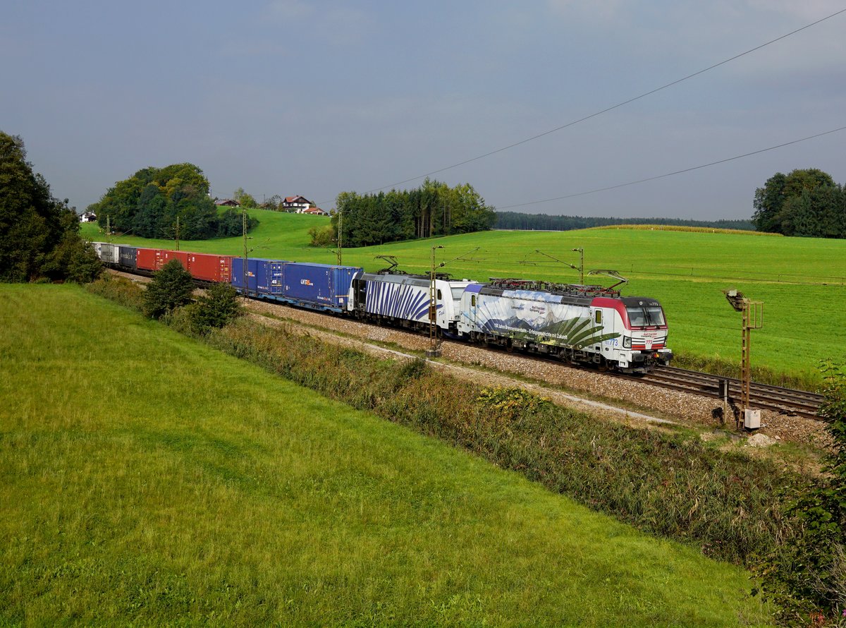 Die 193 773 und die 185 661 mit einem KLV-Zug am 23.09.2017 unterwegs bei Straß.