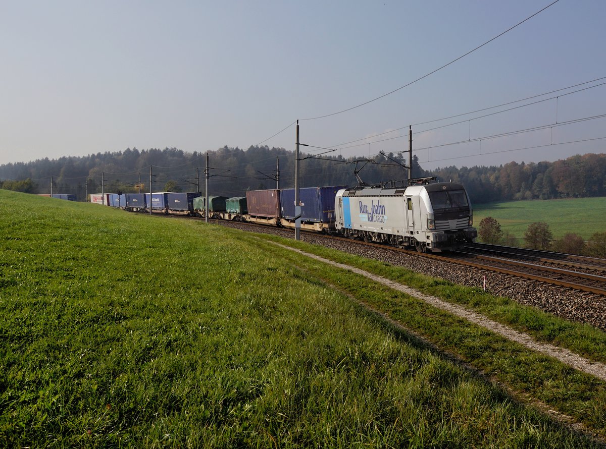 Die 193 810 mit einem umgeleiteten KLV-Zug am 19.10.2018 unterwegs bei Pöndorf.