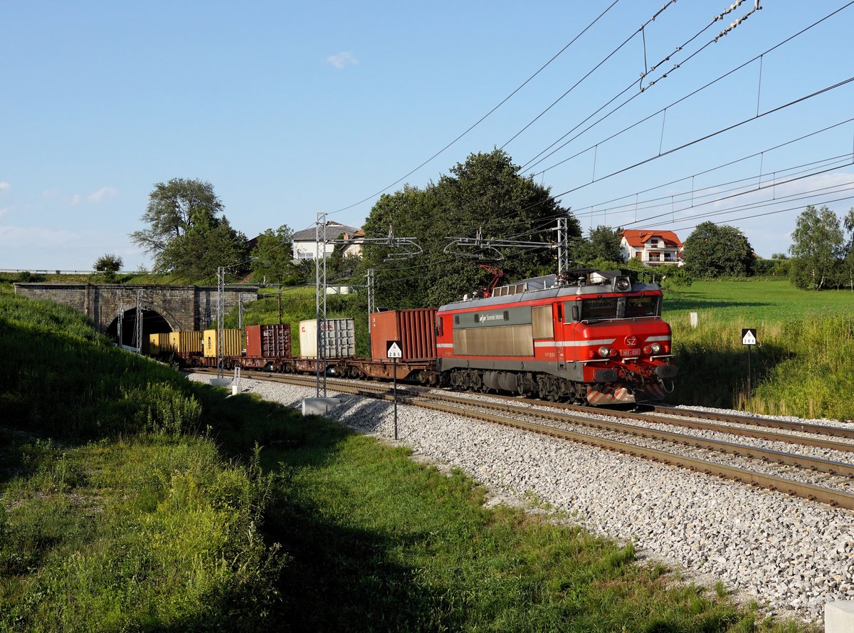 Die 363 030 mit einem Containerzug am 08.07.2017 unterwegs bei Črešnjevec.