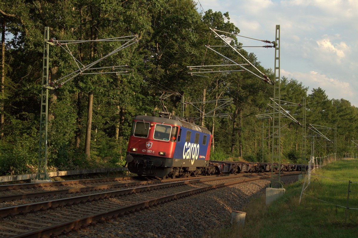 Die 421 397 der SBB Cargo vor Containerzug auf dem Weg nach Hof, durch fuhr. vor wenigen Sekunden den Bahnhof Plauen ob. Aufgenommen am 31.08.2015.