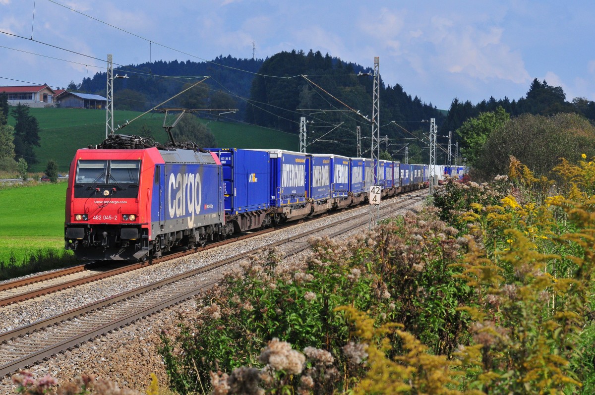 Die 482 045-2 der SBB-Cargo vor einem Güterzug zwischen Bergen und Übersee am 02.10.14