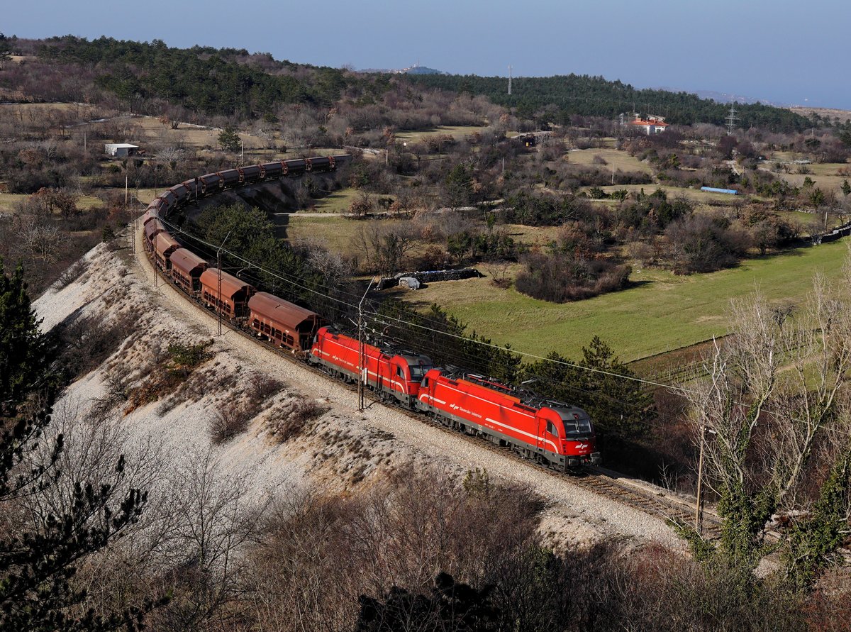 Die 541 107 und die 541 108mit einem Güterzug am 11.02.2018 unterwegs bei Črnotiče.