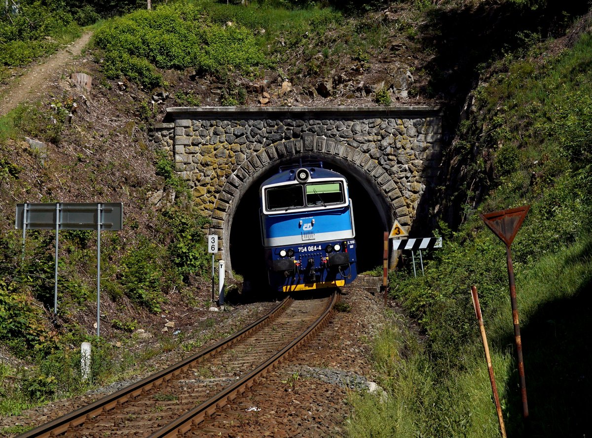 Die 754 064 mit einem Os nach Bayerisch Eisenstein am 11.06.2017 unterwegs bei Böhmisch Eisenstein.