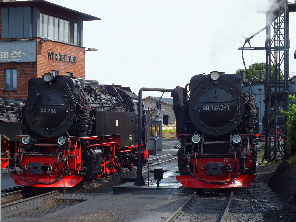 Die 99 7243-1 scheint jede Menge Durst zu haben, neben ihr wartet bereits die 99 236 auf ihr Wasser. Wernigerode, 11.08.2014