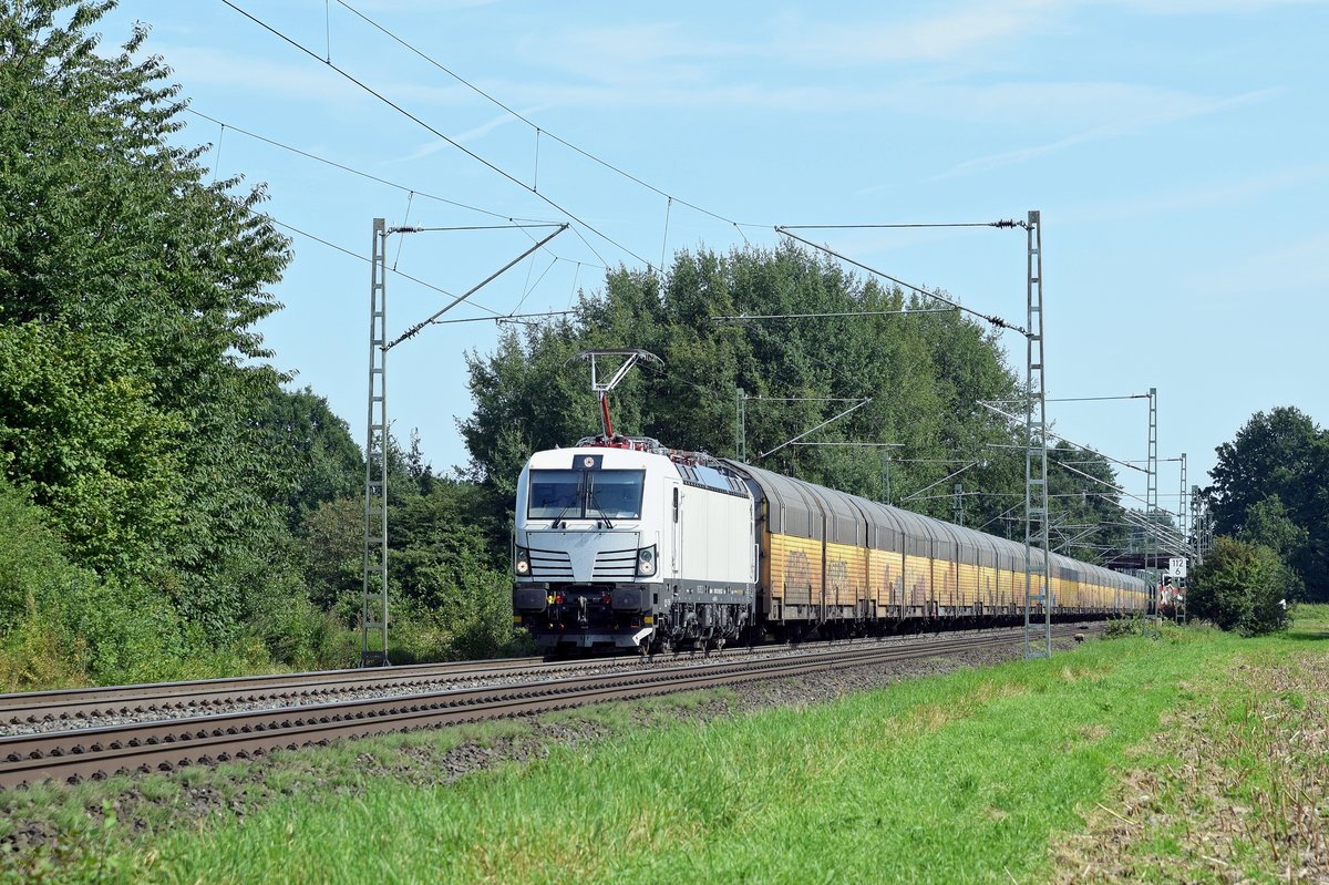 Die an SETG vermietete ELL 193 289 fährt mit einem ARS-Altmann-Autotransportzug am 23.08.17 durch Bremen-Mahndorf in Richtung Bremen Hbf.