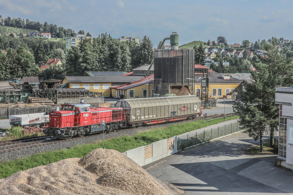 Die Anschlussbahn ins Sägewerk Liechtenstein hatte einst eine beachtliche länge. 
Seit geraumer Zeit hat lediglich ein Habbins darauf Platz. 

18.07.2018
 