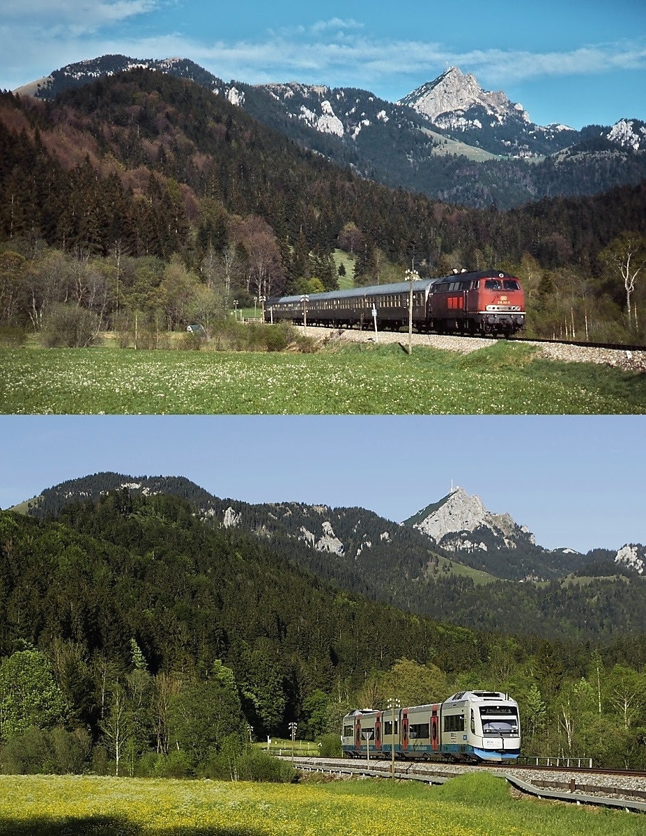 Die Bayerische Oberlandbahn bei Fischbachau einst & jetzt: Sieht man einmal von den Fahrzeugen (und dem neben dm Gleis verlegten Kabelkanal) ab, hat sich zwischen der oberen Aufnahme mit 218 351-5 im Sommer 1994 und dem unteren Bild mit dem VT 115 der Bayerischen Oberlandbahn am 22.05.2016 kaum etwas geändert, immer noch überragt der 1.838 m hohe Wendelstein die Szene...