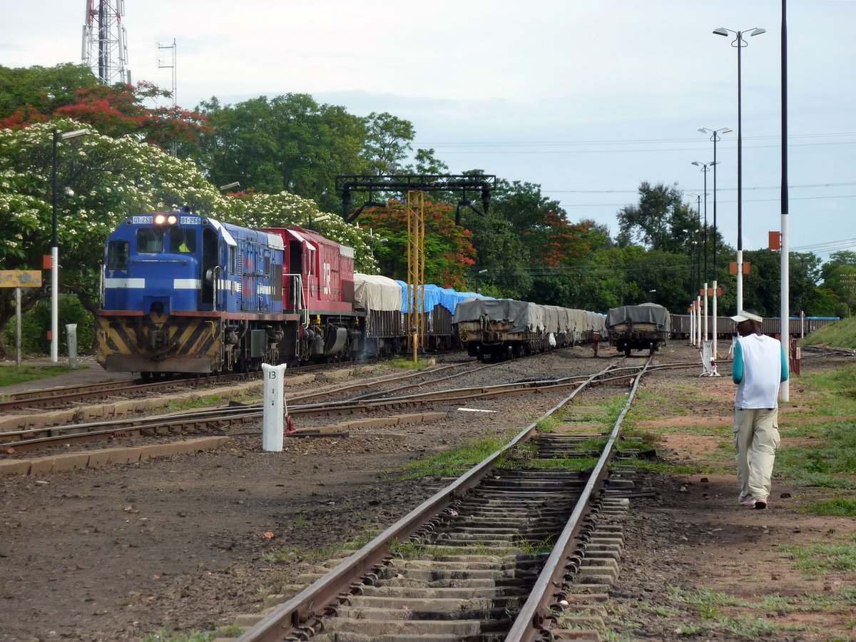 Die beiden Dieselloks der Zambia Railways haben im Bahnhof Victoria Falls gewendet und übernehmen am 12.12.2014 einen Güterzug zurück in Richtung Sambia.