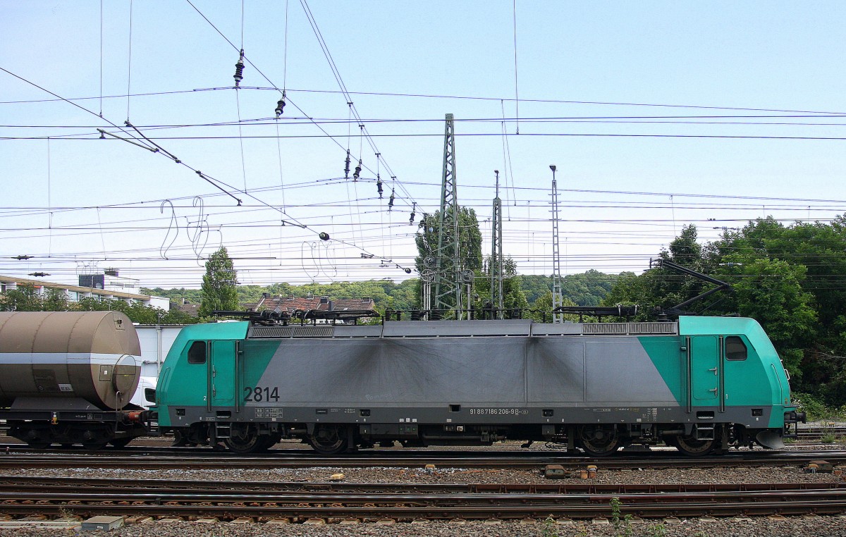 Die Cobra 2814  fährt mit einem langen Kesselzug aus Antwerpen-BASF(B) nach Ludwigshafen-BASF(D)  bei der Ausfahrt aus Aachen-West und fährt in Richtung Aachen-Schanz,Aachen-Hbf,Köln. 
Aufgenommen vom Bahnsteig in Aachen-West  bei schönem Sonnenschein am 6.8.2014.