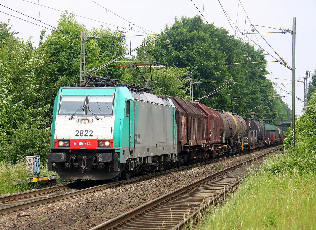 Die Cobra 2822 kommt als Umleiter mit einem gemischten Güterzug aus Köln-Gremberg(D) nach Antwerpen-Noord(B) und fährt durch Kohlscheid aus Richtung Herzogenrath und fährt die Kohlscheider-Rampe hoch nach Aachen-West.
Aufgenommen von Bahnsteig 1 in Kohlscheid. 
Bei Sommerwetter am Mittag vom 3.6.2017.