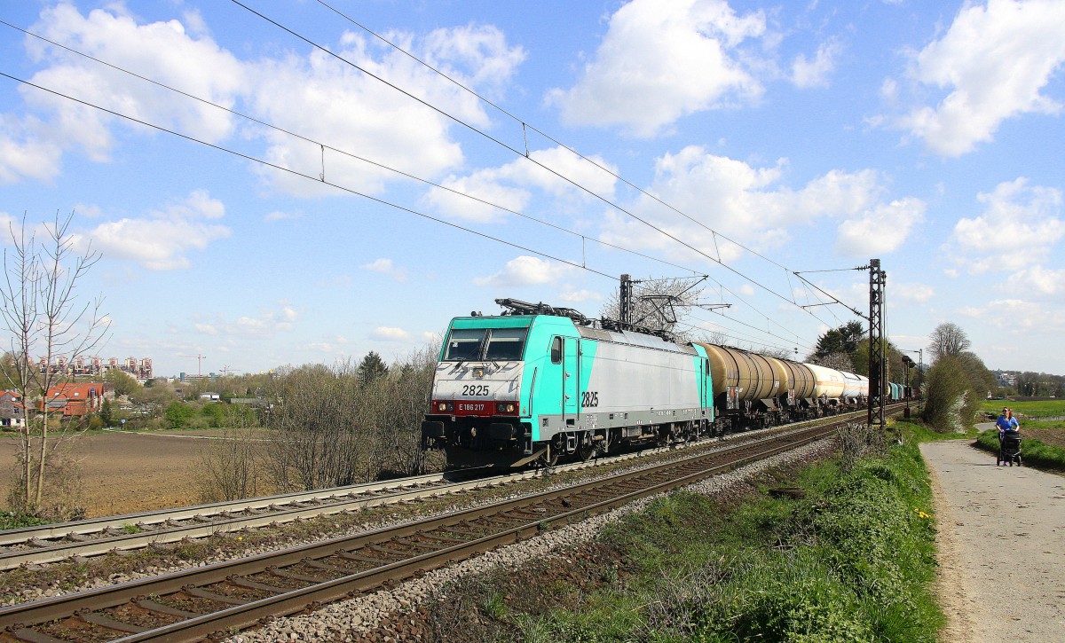 Die Cobra 2825 kommt aus Richtung Aachen-West und fährt die Gemmenicher-Rampe hochgefahren mit einem langen gemischten Güterzug aus Köln-Gremberg nach Antwerpen-Noord(B) und fährt in Richtung Montzen/Belgien. Aufgenommen an der Montzenroute am Gemmenicher-Weg bei schönem Frühlingswetter am 18.4.2015.