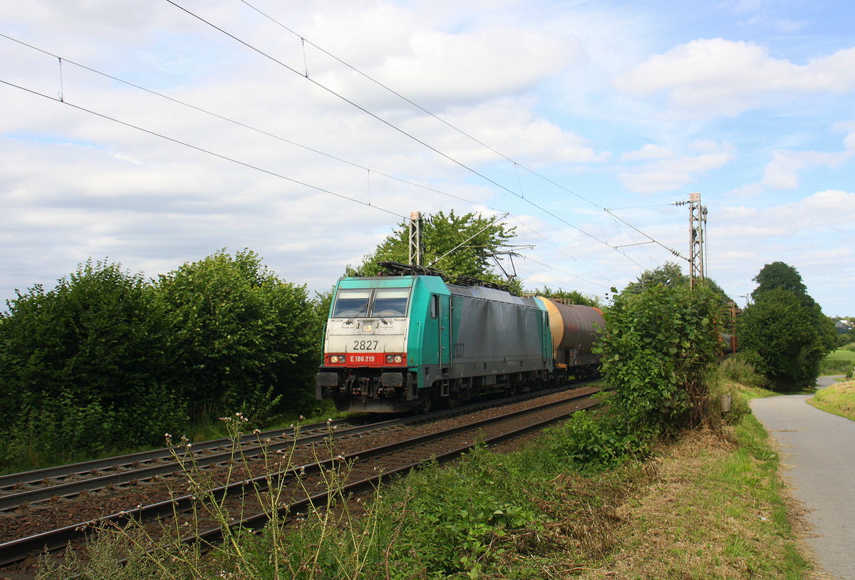 Die Cobra 2827 kommt aus Richtung Aachen-West und fährt die Gemmenicher-Rampe hoch mit einem Güterzug aus Köln-Gremberg(D) nach Antwerpen-Noord(B) und fährt in Richtung Montzen/Belgien. 
Aufgenommen an der Montzenroute am Gemmenicher-Weg.
Bei Sommerwetter am Nachmittag vom 7.8.2016.