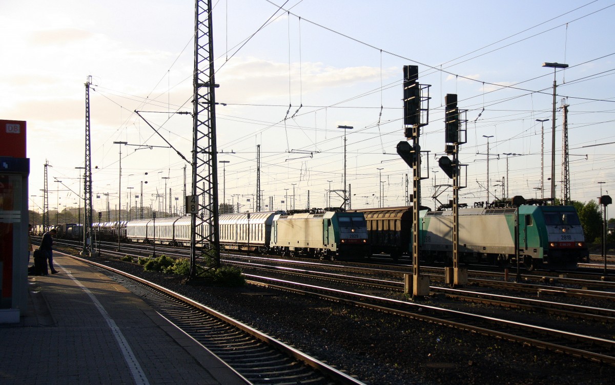 Die Cobra 2829 fährt mit einem langen gemischten Güterzug aus Köln-Gremberg nach Antwerpen-Noord(B) bei der Ausfahrt aus Aachen-West und fährt in Richtung Montzen/Belgien und auf dem Nebengleis steht in Aachen-West die Cobra 2818 mit einem langen gemsichten Güterzug aus Osnabrück nach Kortenberg-Goederen(B) und wartet auf die Abfahrt nach Belgien.
Aufgenommen vom Bahnsteig in Aachen-West bei Sonne und Wolken am Abend vom 9.5.2014.