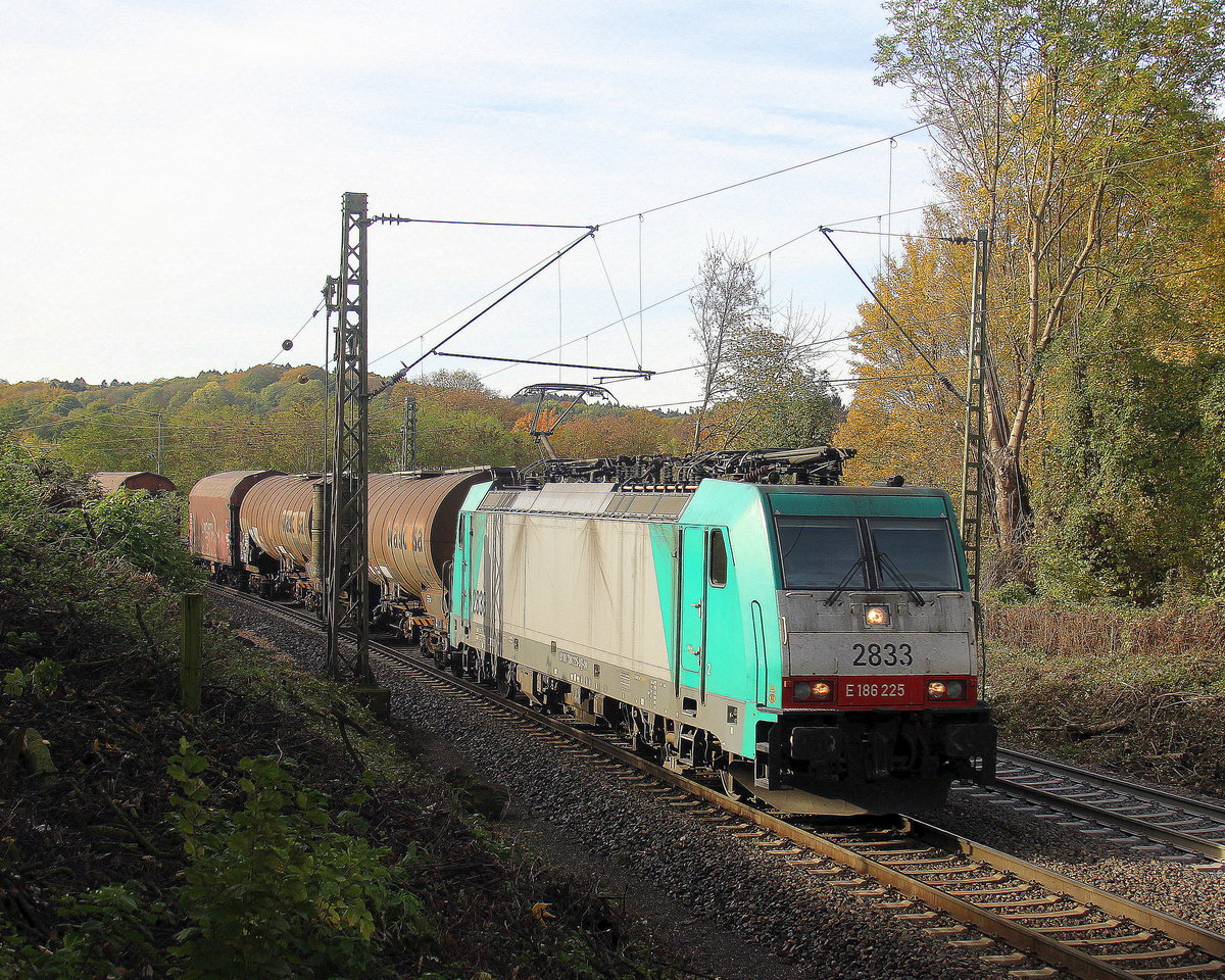 Die Cobra 2833 kommt die Gemmenicher-Rampe herunter nach Aachen-West mit einem gemischten Güterzug aus Antwerpen-Noord(B) nach Köln-Gremberg(D).
Aufgenommen an der Montzenroute am Gemmenicher-Weg. 
Bei schönem Herbstwetter am Vormittag vom 3.11.2018.