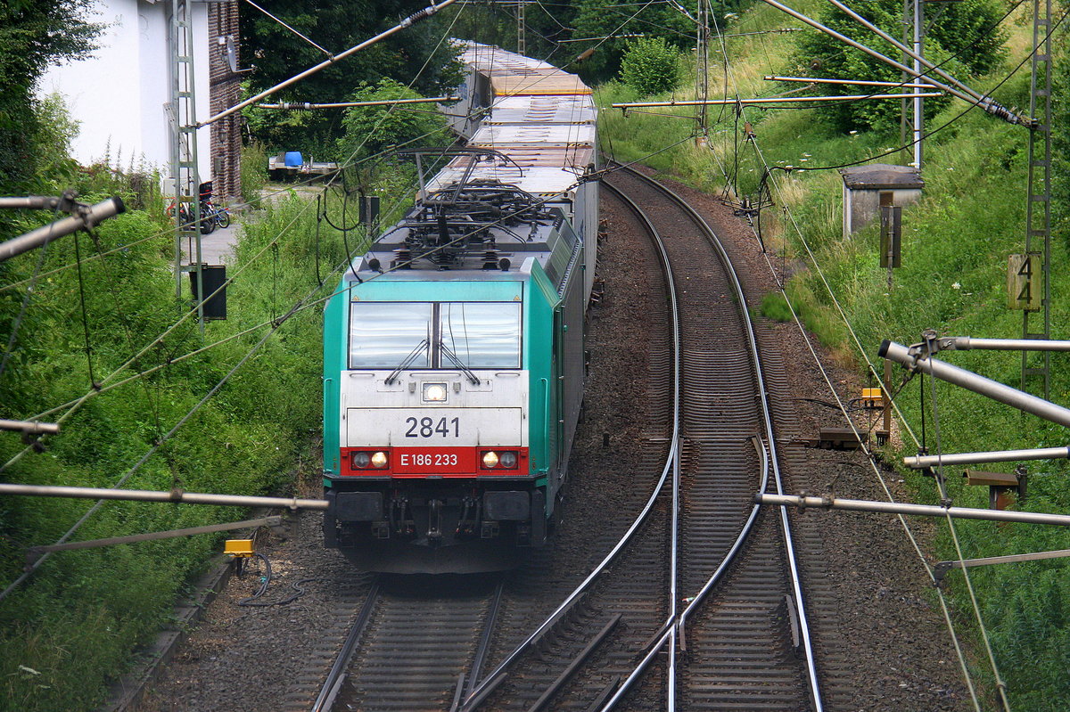 Die Cobra 2841 kommt die Gemmenicher-Rampe hochgefahren aus Aachen-West mit einem  Containerzug aus Novara(I) nach Genk-Zuid-Haven(B) und fährt gleich in den Gemmenicher-Tunnel hinein und fährt in Richtung Montzen/Vise(B). 
Aufgenommen in Reinartzkehl an der Montzenroute.
Am Nachmittag vom 17.7.2016.