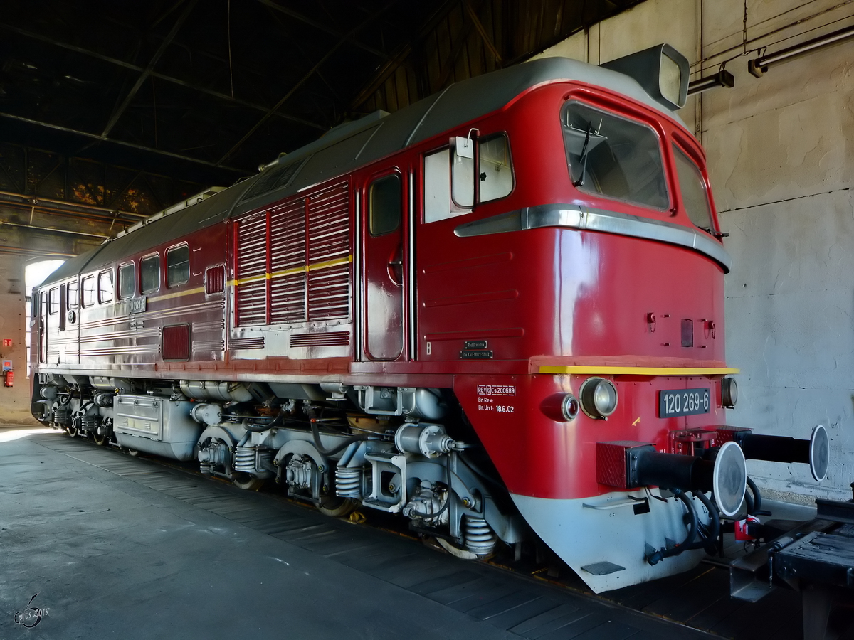 Die Diesellokomotive 120 269-6 und 219 003-1 Anfang April 2018 im Sächsischen Eisenbahnmuseum Chemnitz-Hilbersdorf.