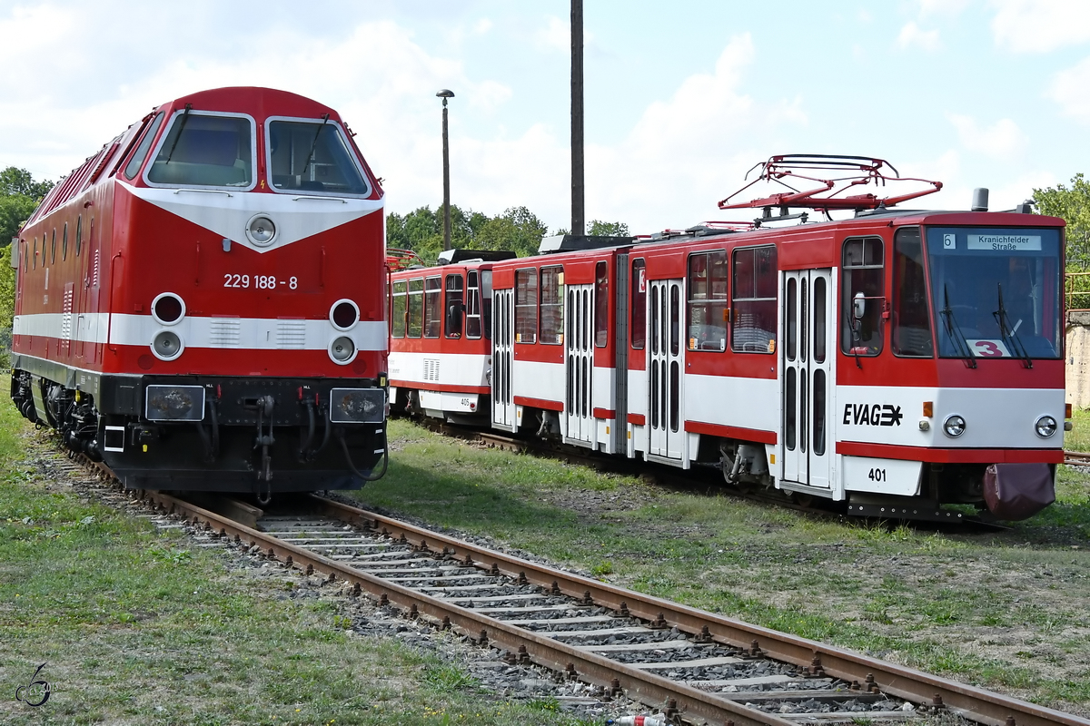 Die Diesellokomotive 229 188-8 neben einer Straßenbahn vom Typ Tatra KT4d, gesehen Mitte August 2018 im Eisenbahnmuseum Weimar. 