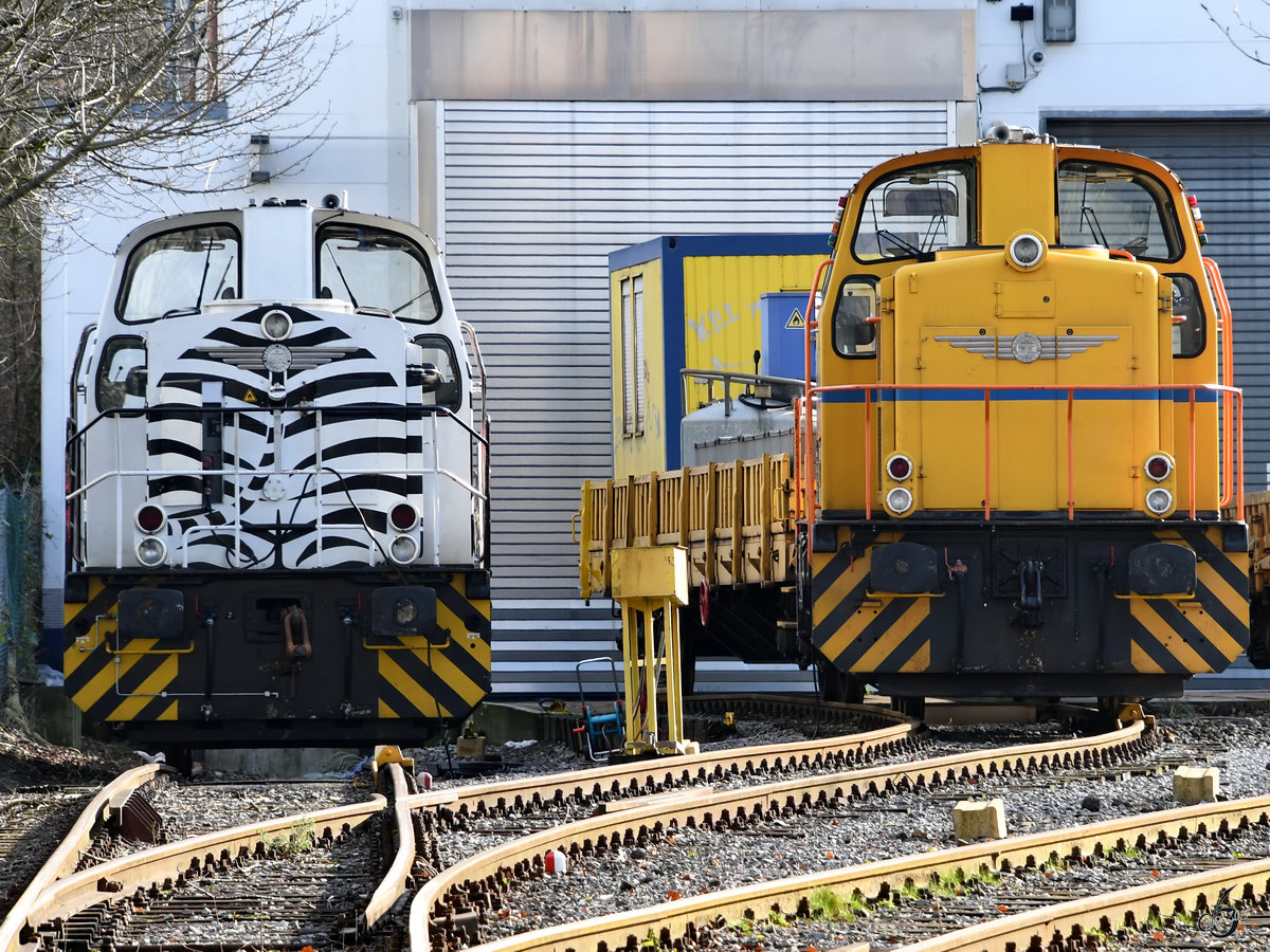 Die Diesellokomotiven M 500 C & M 700 C des Herstellers Krauss Maffei stehen im Februar 2017 auf dem Gelände der Westfälische Lokomotiv Fabrik Karl Reuschling Hattingen.