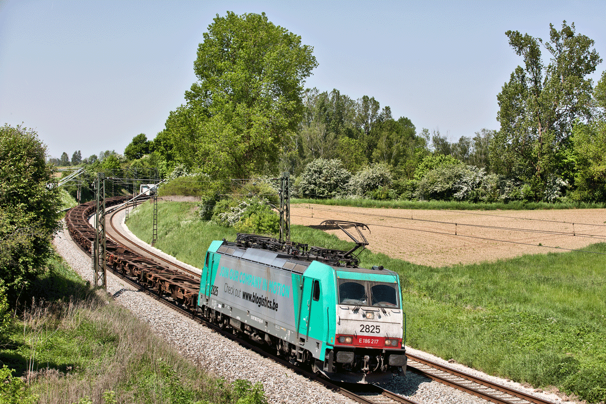 Die E 186 217 / 2825 donnert in Langenisarhofen mit einem sehr schwach ausgelasteten Containerzug vorüber.Bild vom 17.5.2017