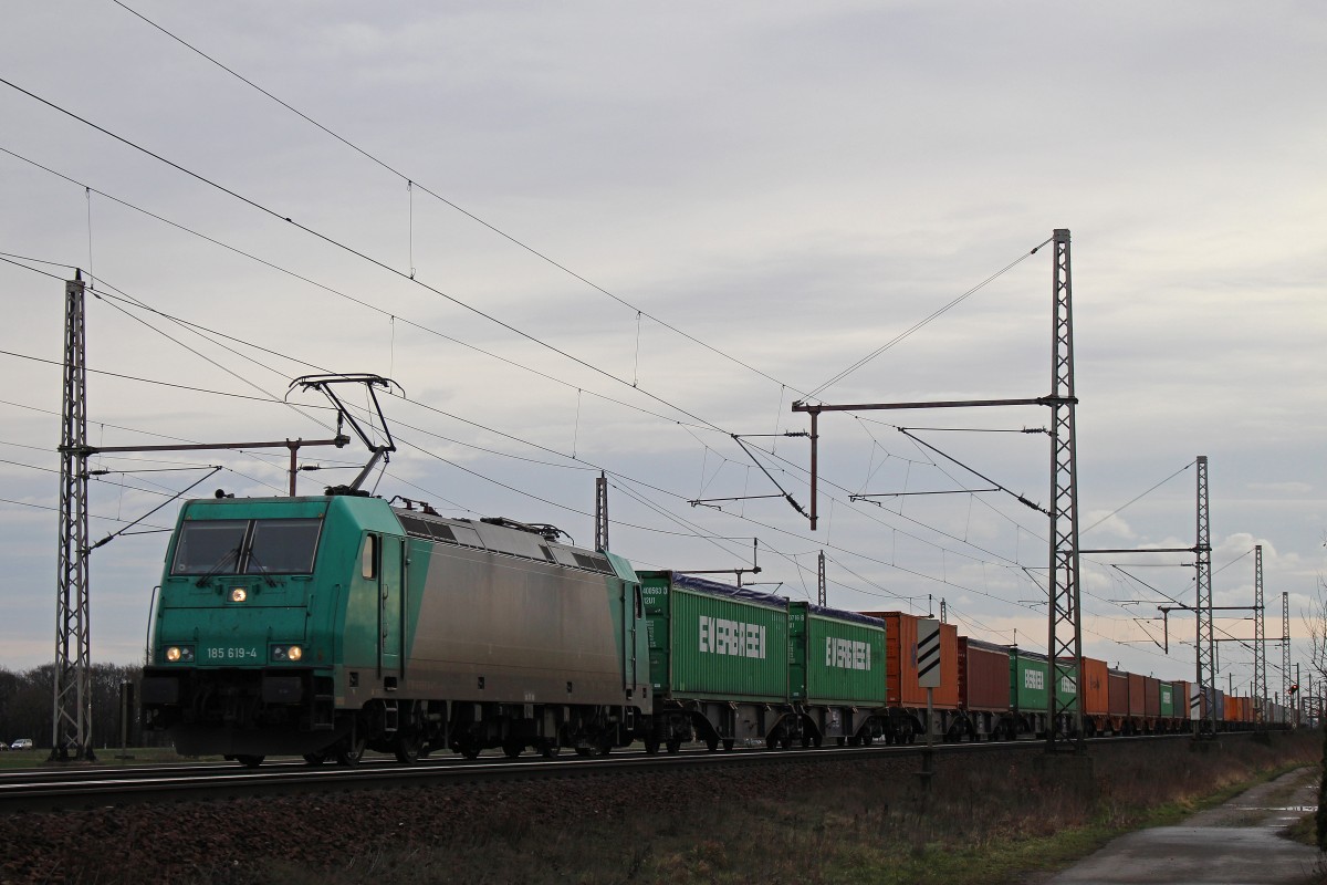 Die für Locon fahrende 185 619 am 15.2.14 mit einem Containerzug in Dedensen-Gümmer.