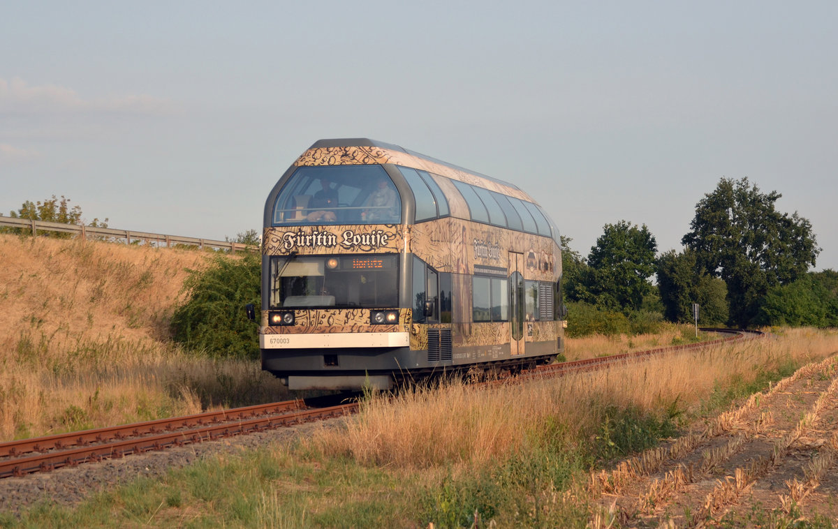Die Fürstin Luise der Dessau-Wörlitzer-Eisenbahn war am Morgen des 25.08.18 unterwegs nach Wörlitz. Hier passiert der Triebwagen Dessau-Mildensee.