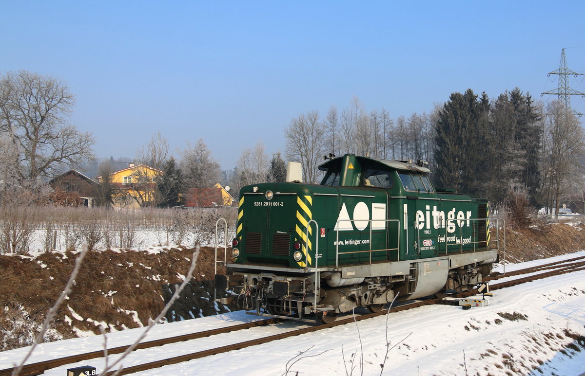 Die Grüne DH 1100.1 wirbt für einen Holzverarbeitenden Betrieb der leider bereits einen Eigentümer Wechsel hinter sich hat . 
Hier im Bild am 23.01.2017 in der Anschlussbahn Leibenfeld  